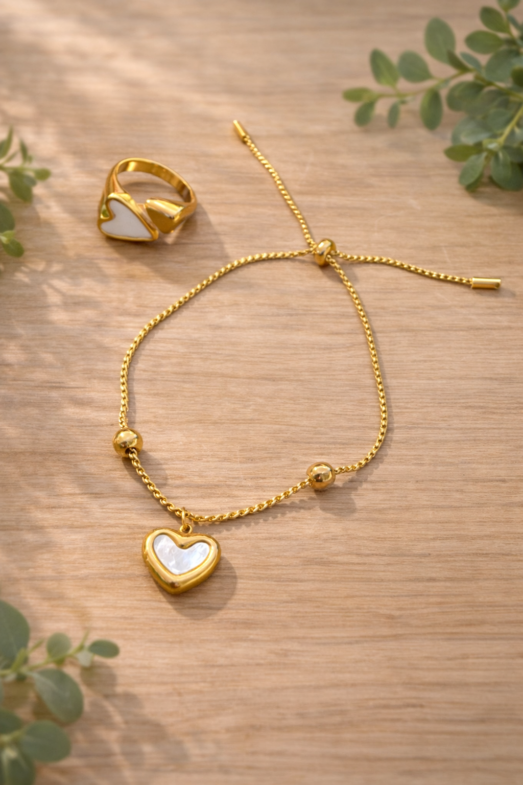 Set de Pulsera y anillo Corazón Dorado 💛🤍